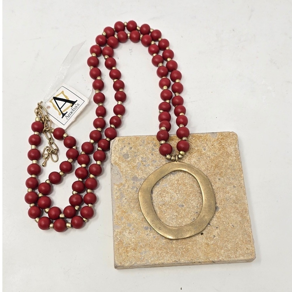 Amelia's Jewelry Maggie necklace women OS red boho wood beaded statement pendant